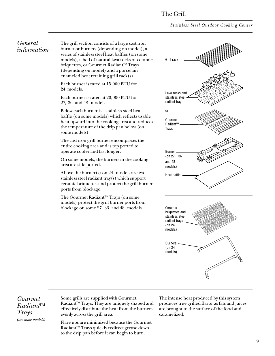 Cooking center, Gourmet radiant™ trays, Cooking center –14 gourmet radiant™ trays | The grill, General information | GE Monogram Outdoor Cooking Center 48 User Manual | Page 9 / 32