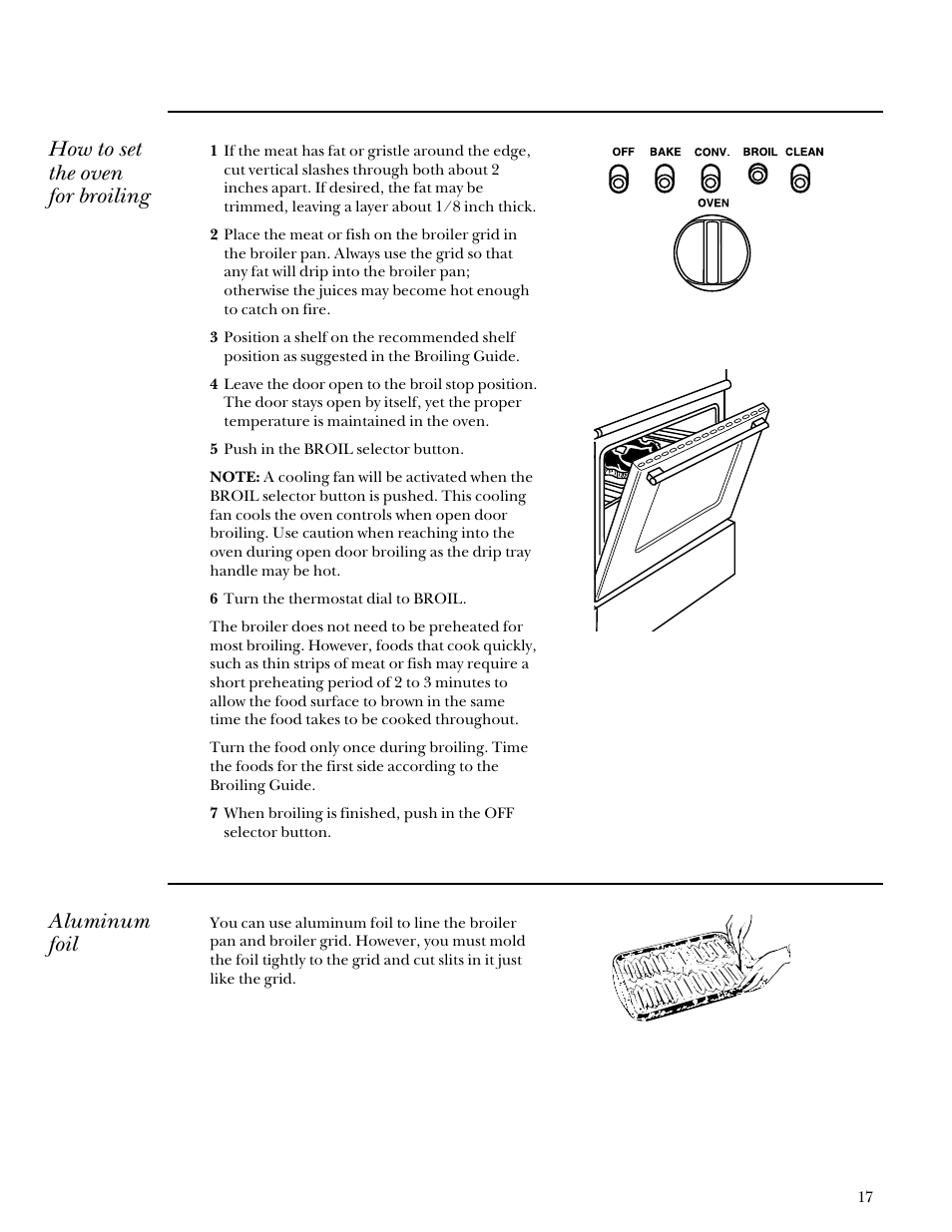Broiling/broiling guide, Broiling/broiling guide , 18, How to set the oven for broiling | Aluminum foil | GE Monogram Stainless Steel Professional 30 Range User Manual | Page 17 / 28