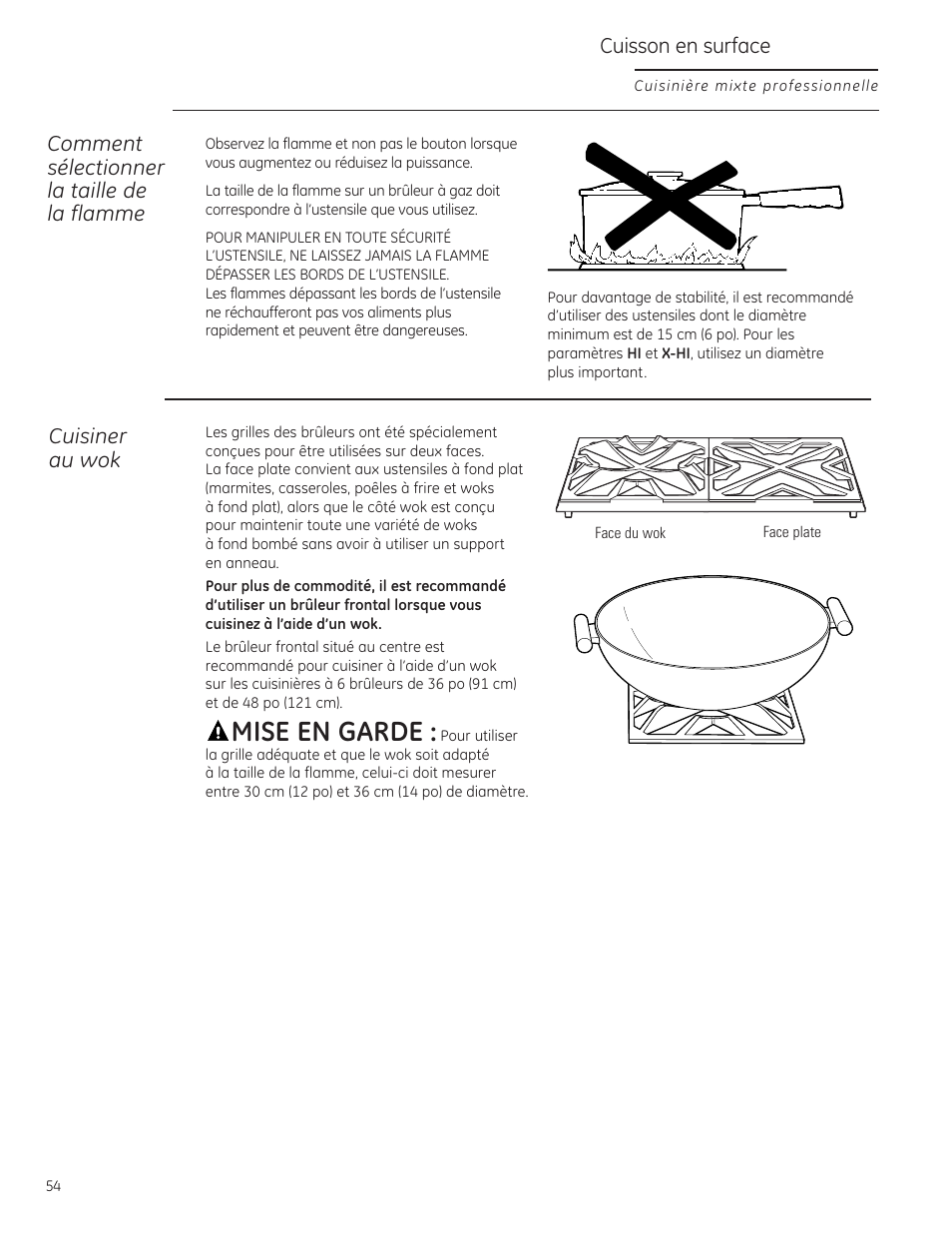 Feuille d’aluminium, Feuille d’aluminium , 64, 68, Mise en garde | Comment sélectionner la taille de la flamme, Cuisson en surface, Cuisiner au wok | GE Monogram ZDP484LGPSS User Manual | Page 54 / 128