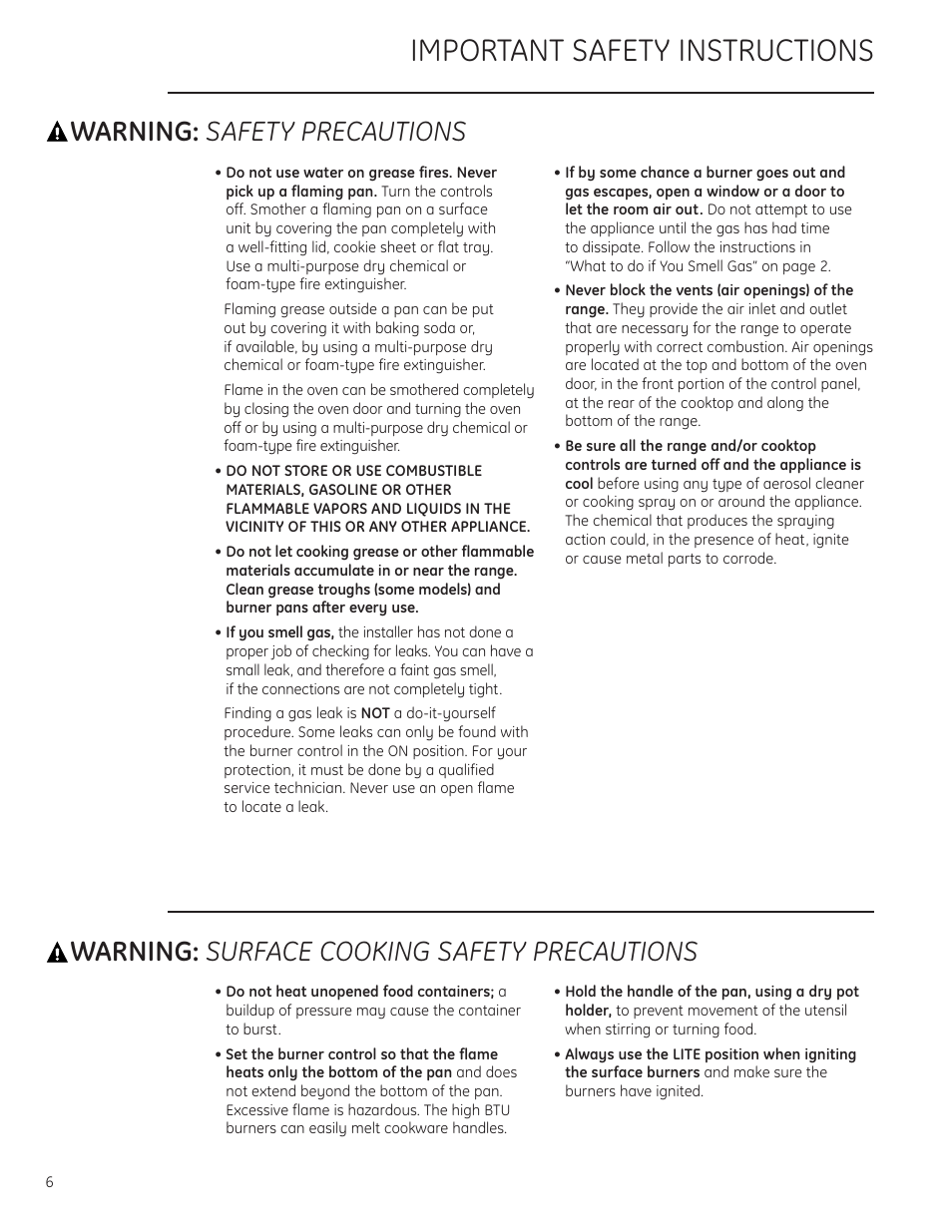 Important safety instructions, Warning: safety precautions, Warning: surface cooking safety precautions | GE Monogram ZDP484LGPSS User Manual | Page 6 / 128