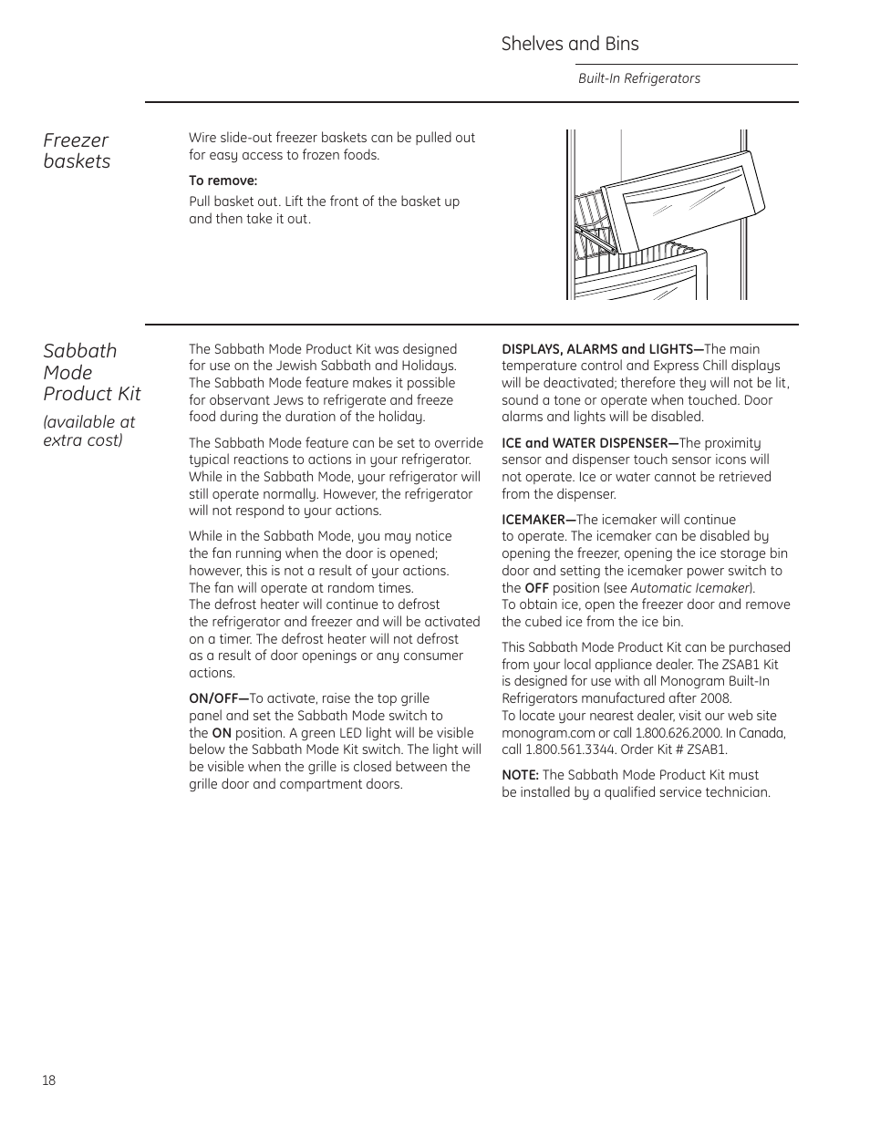 Sabbath mode product kit, zsab1, Freezer baskets, Shelves and bins | Sabbath mode product kit | GE Monogram built-in 42 User Manual | Page 18 / 32
