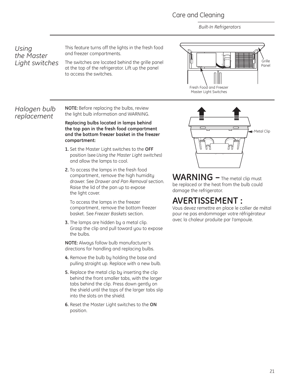 Master light switch, Warning, Avertissement | Using the master light switches, Halogen bulb replacement, Care and cleaning | GE Monogram built-in 42 User Manual | Page 21 / 32