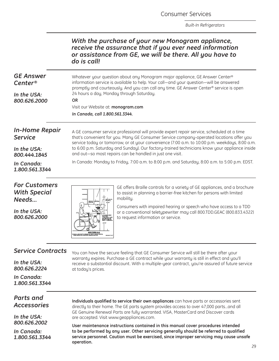 Important phone numbers, In-home repair service, Service contracts | Parts and accessories, For customers with special needs, Consumer services | GE Monogram built-in 42 User Manual | Page 29 / 32