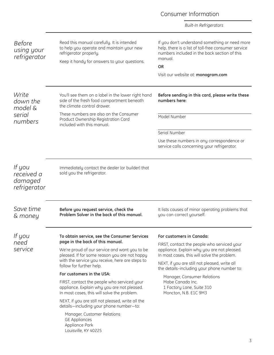 Model and serial numbers, Product registration, If you received a damaged refrigerator | Save time & money, If you need service, Consumer information, Before using your refrigerator, Write down the model & serial numbers | GE Monogram built-in 42 User Manual | Page 3 / 32