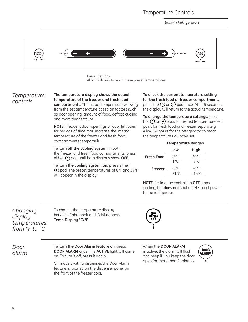 Temperature controls, Door alarm | GE Monogram built-in 42 User Manual | Page 8 / 32