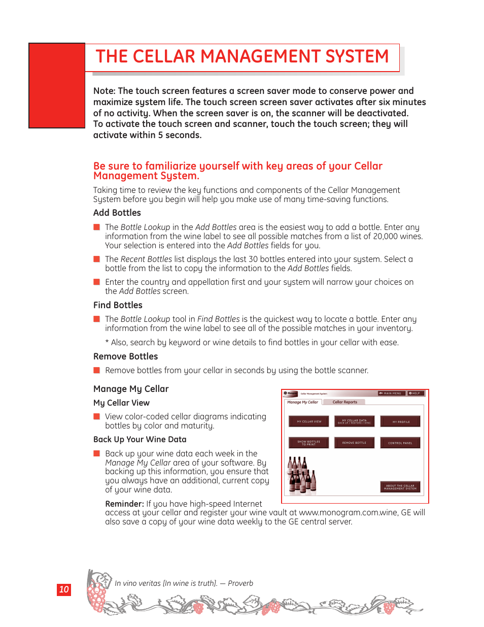 Key areas of the cellar management system, The cellar management system | GE Monogram Wine Vault User Manual | Page 10 / 40