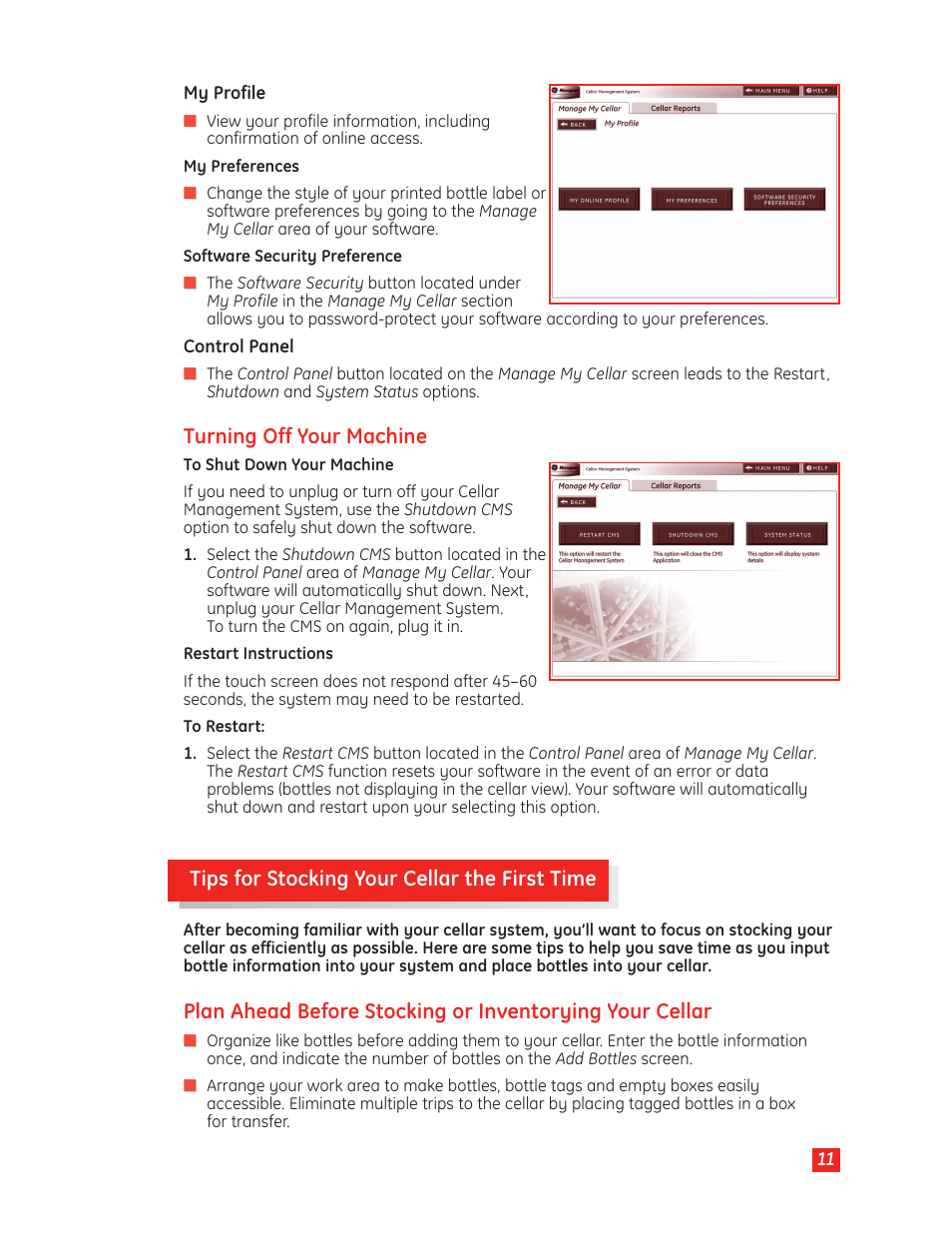 Tips for stocking your cellar the first time, Turning off your machine | GE Monogram Wine Vault User Manual | Page 11 / 40