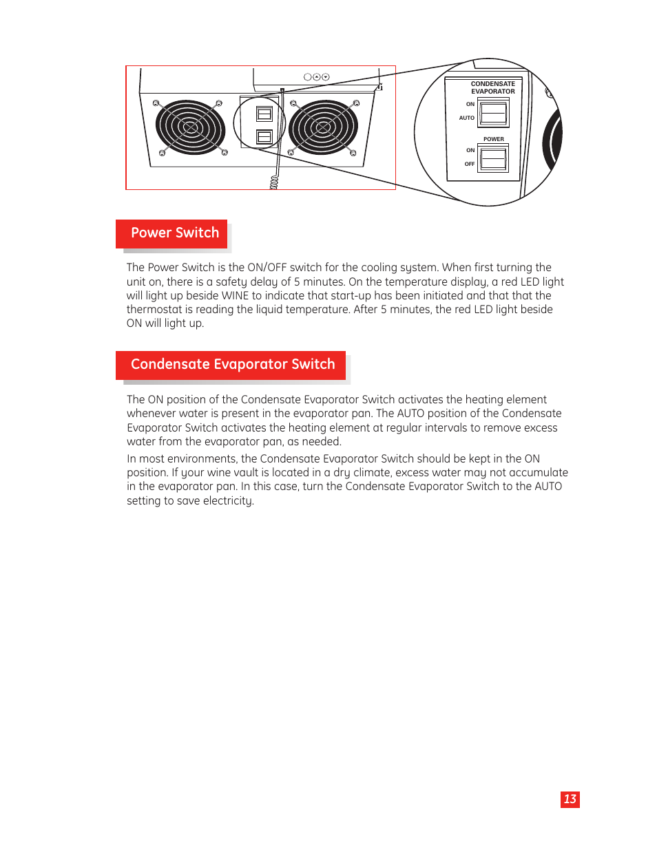 Power switch, Condensate evaporator switch | GE Monogram Wine Vault User Manual | Page 13 / 40