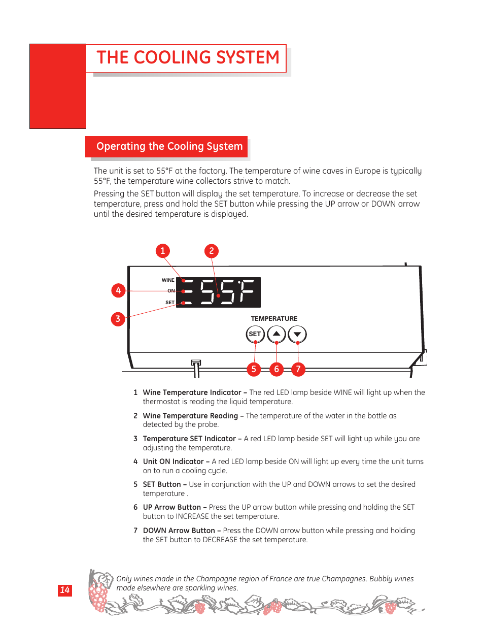 The cooling system, Operating the cooling system | GE Monogram Wine Vault User Manual | Page 14 / 40