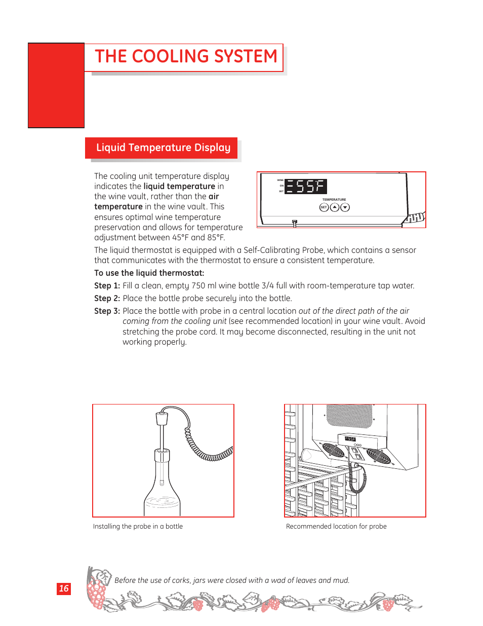 The cooling system, Liquid temperature display | GE Monogram Wine Vault User Manual | Page 16 / 40