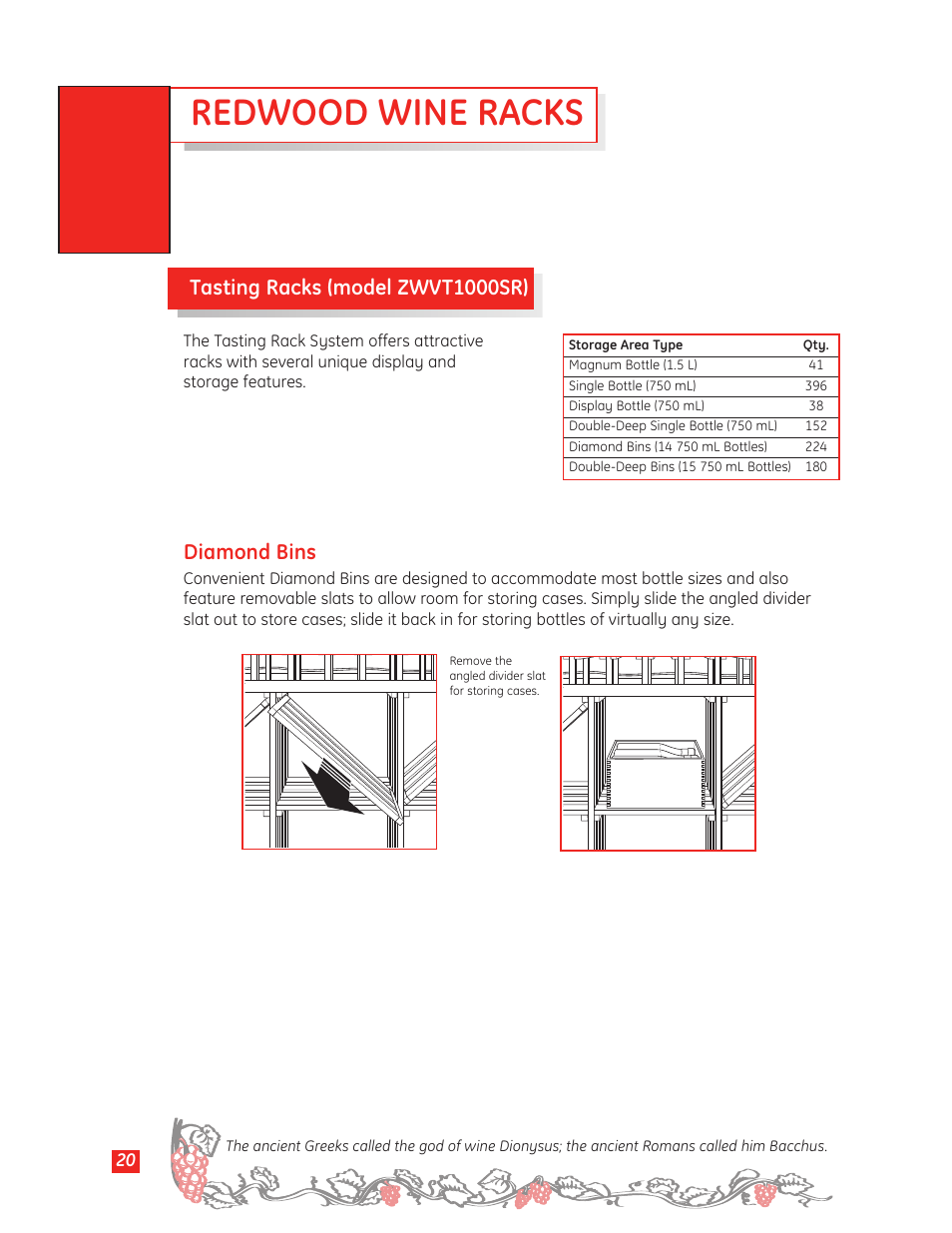 Redwood wine racks, Tasting racks (model zwvt1000sr), Diamond bins | GE Monogram Wine Vault User Manual | Page 20 / 40