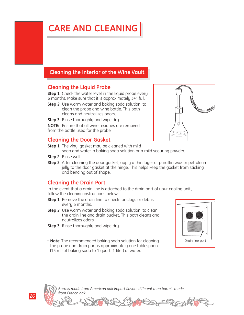 Care and cleaning, Cleaning the door gasket, Cleaning the drain port | GE Monogram Wine Vault User Manual | Page 26 / 40