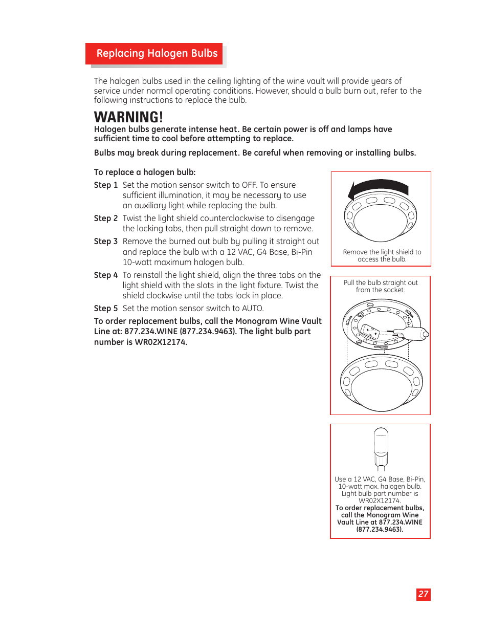 Warning, Replacing halogen bulbs | GE Monogram Wine Vault User Manual | Page 27 / 40