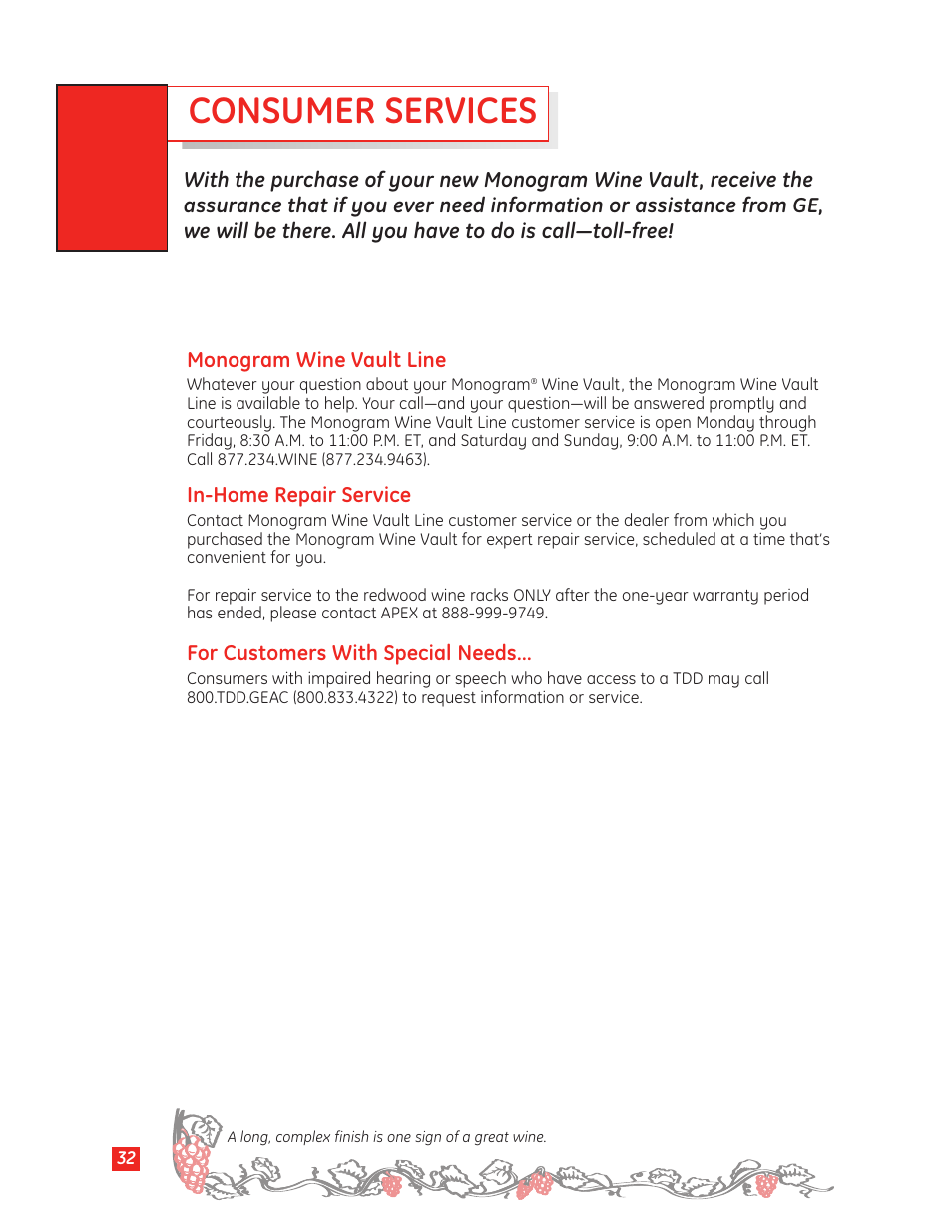 Consumer services | GE Monogram Wine Vault User Manual | Page 32 / 40