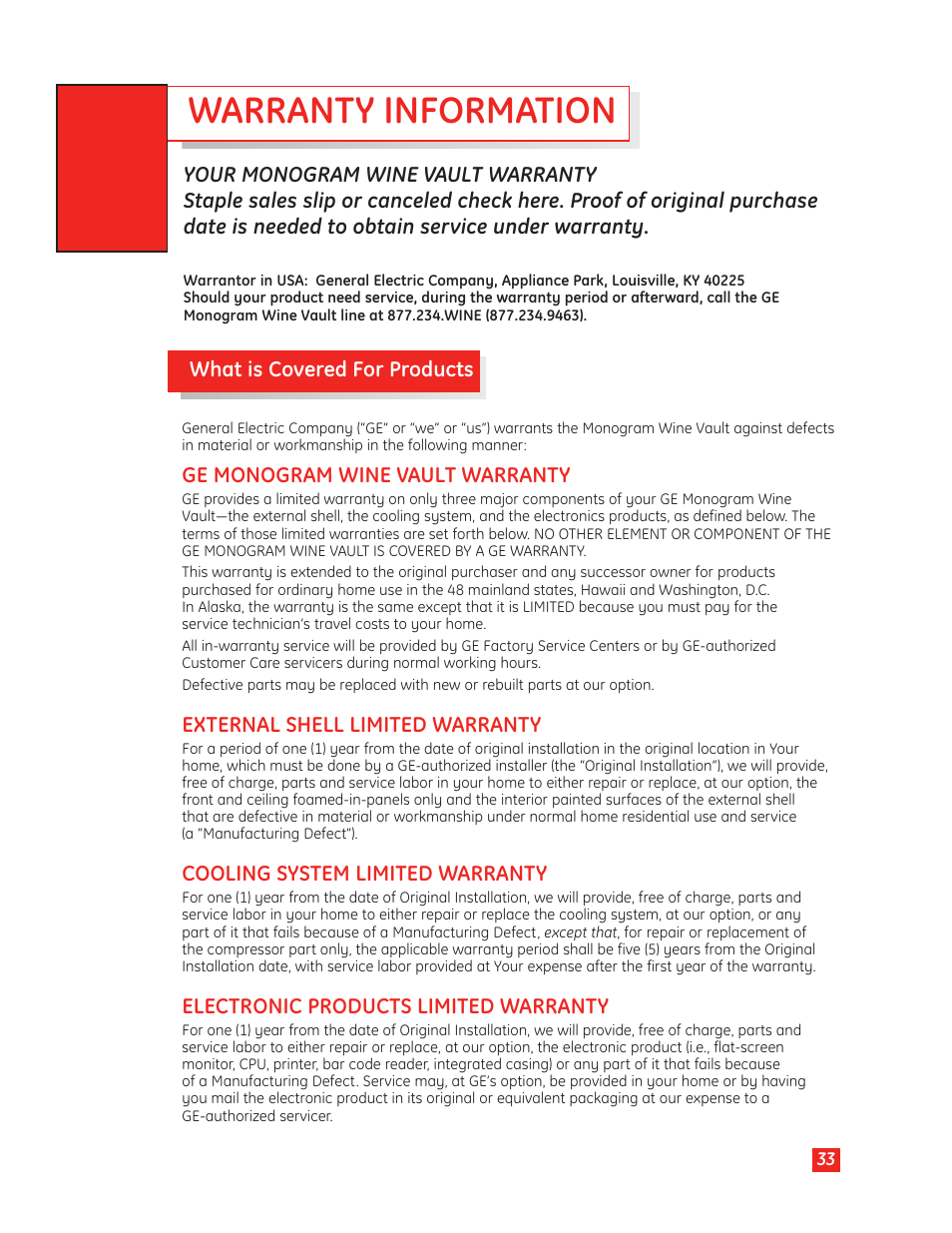 Warranty, Warranty –35, Warranty information | GE Monogram Wine Vault User Manual | Page 33 / 40