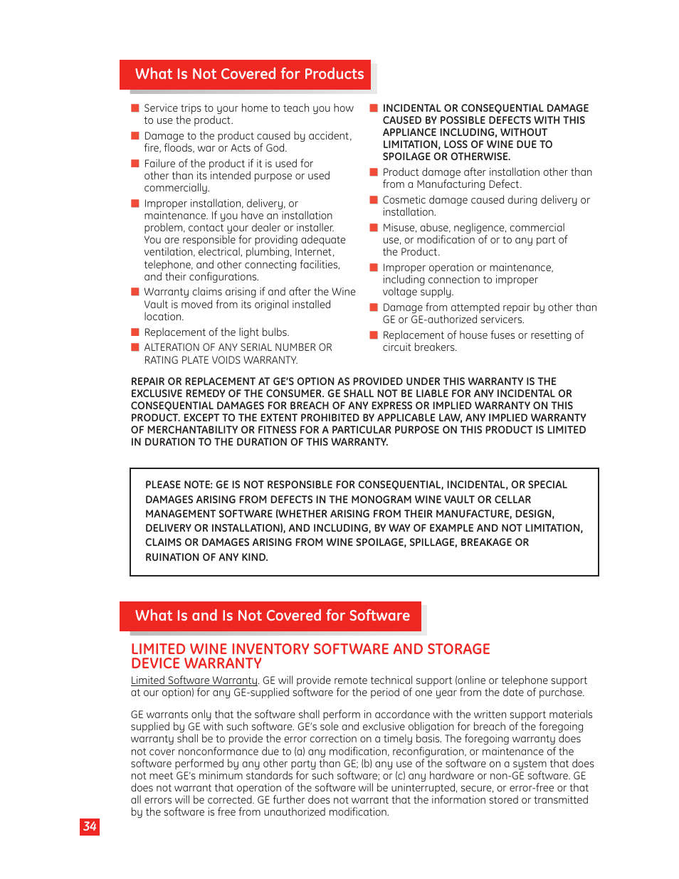 What is not covered for products | GE Monogram Wine Vault User Manual | Page 34 / 40