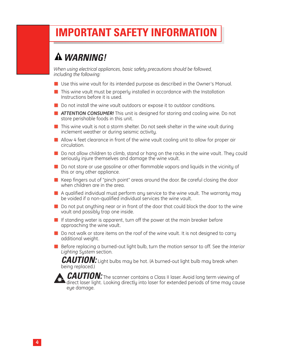 Important safety information, Important safety information , 5, Warning | Caution | GE Monogram Wine Vault User Manual | Page 4 / 40