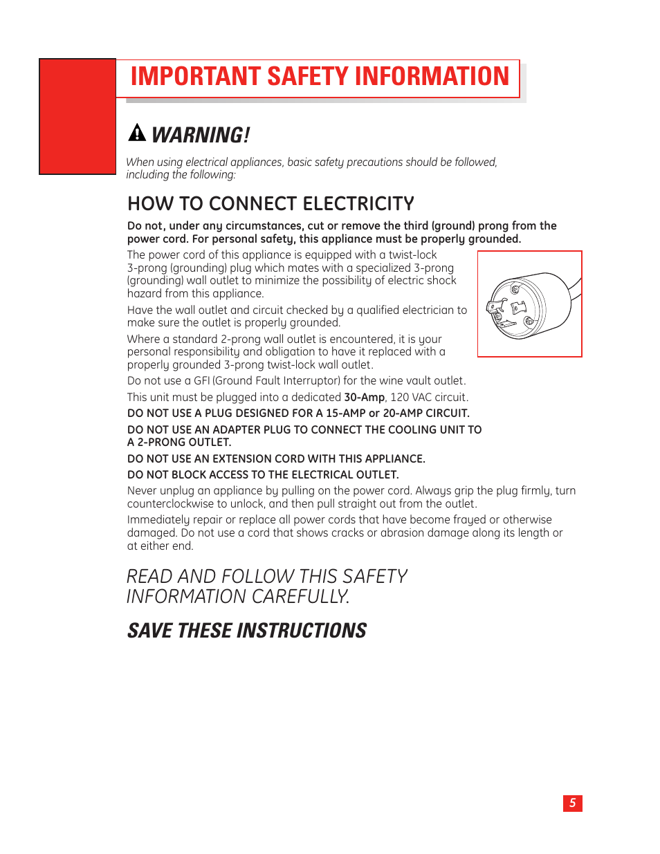 Important safety information, Warning, How to connect electricity | GE Monogram Wine Vault User Manual | Page 5 / 40