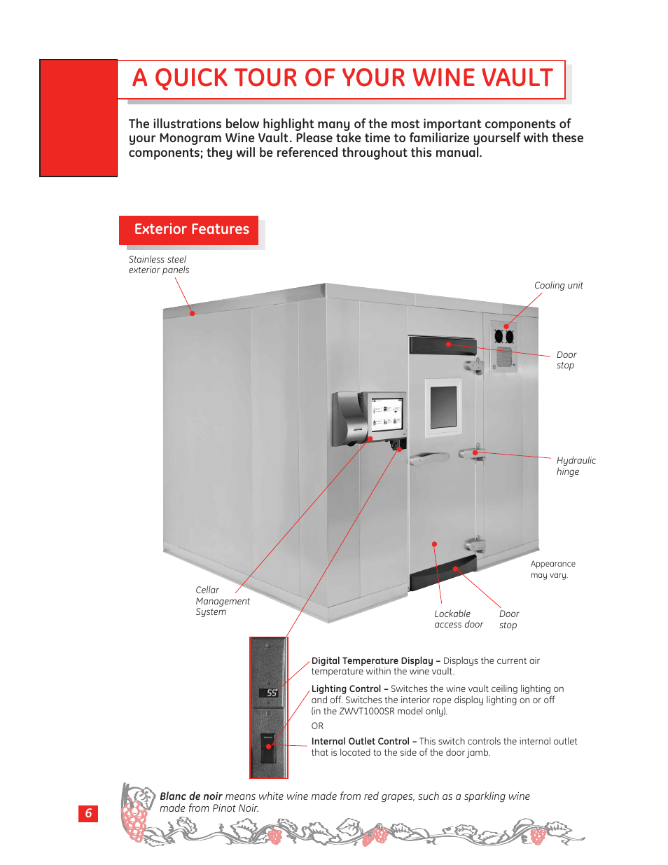 A quick tour of your wine vault, A quick tour of your wine vault , 7, Exterior features | GE Monogram Wine Vault User Manual | Page 6 / 40