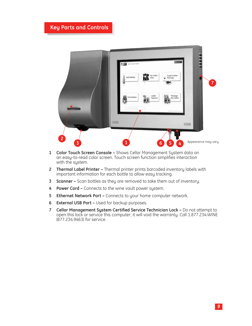 Key parts and controls | GE Monogram Wine Vault User Manual | Page 9 / 40