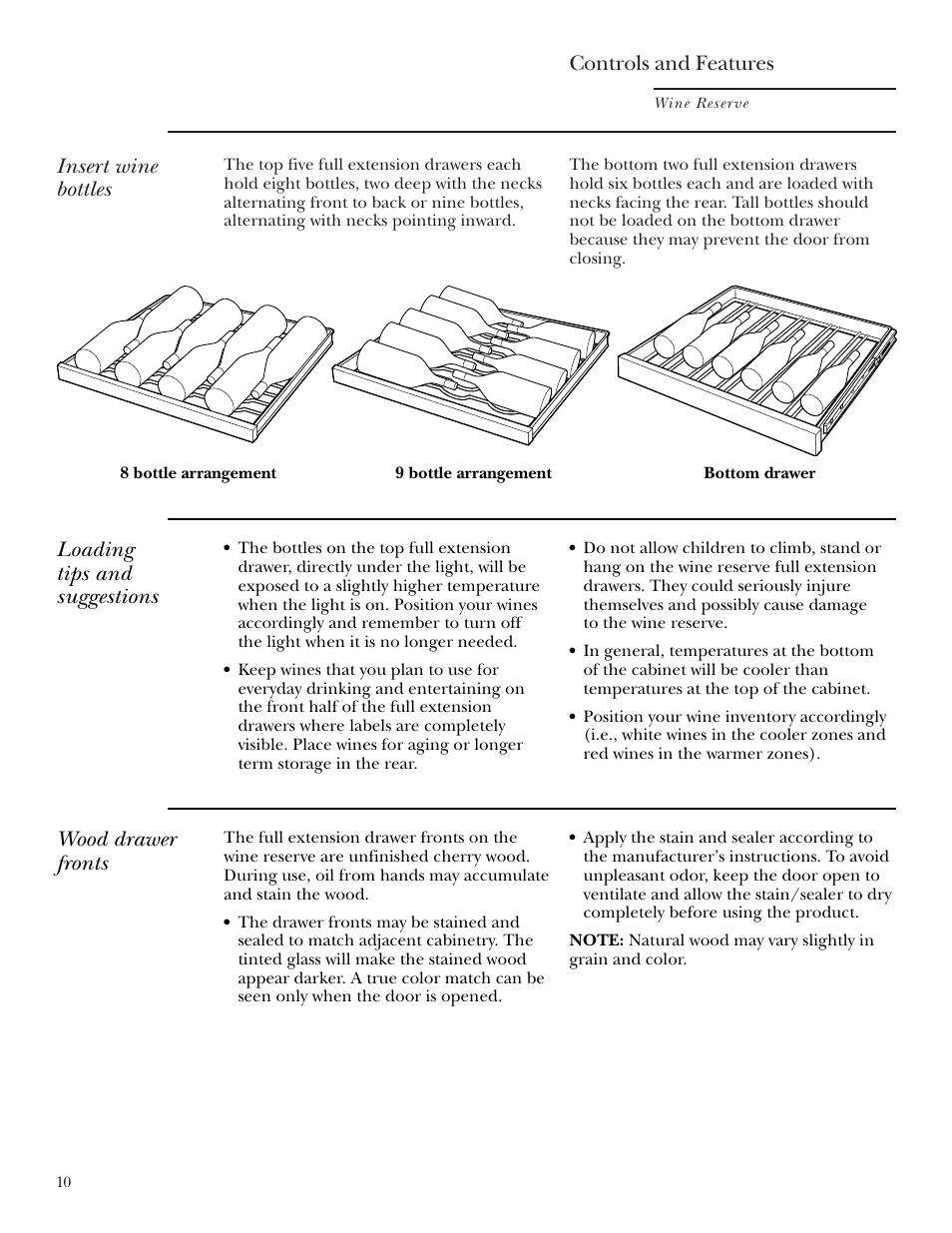 Controls and features, Insert wine bottles, Loading tips and suggestions | Wood drawer fronts | GE Monogram ZDWT240 User Manual | Page 10 / 20