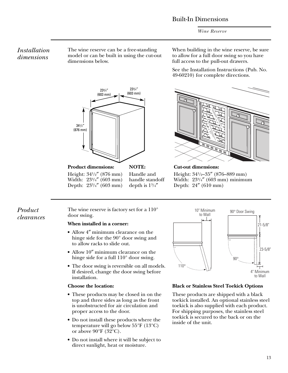 Built-in dimensions, Installation dimensions, Product clearances | GE Monogram ZDWT240 User Manual | Page 13 / 20