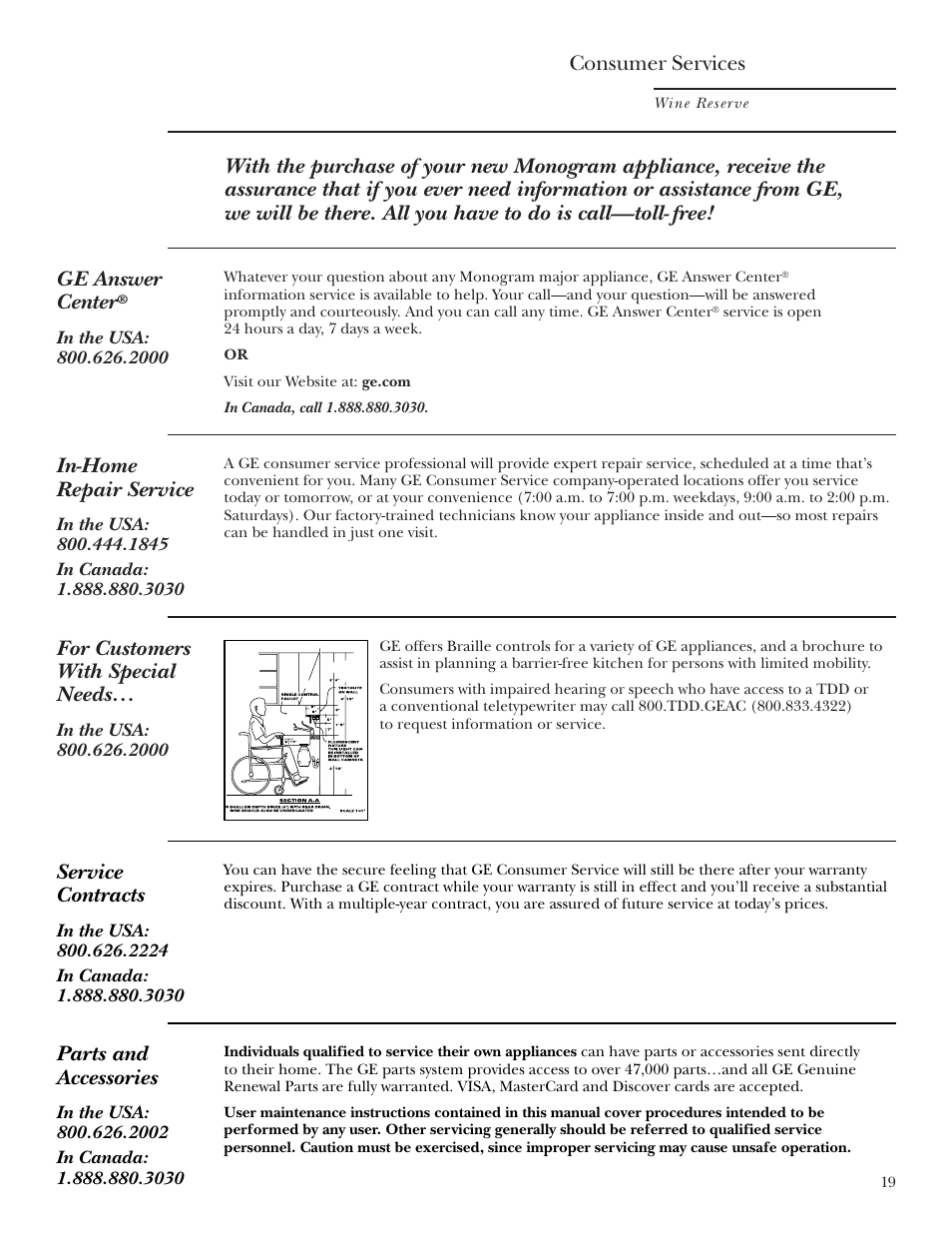 Consumer services, In-home repair service, For customers with special needs | Service contracts, Parts and accessories | GE Monogram ZDWT240 User Manual | Page 19 / 20