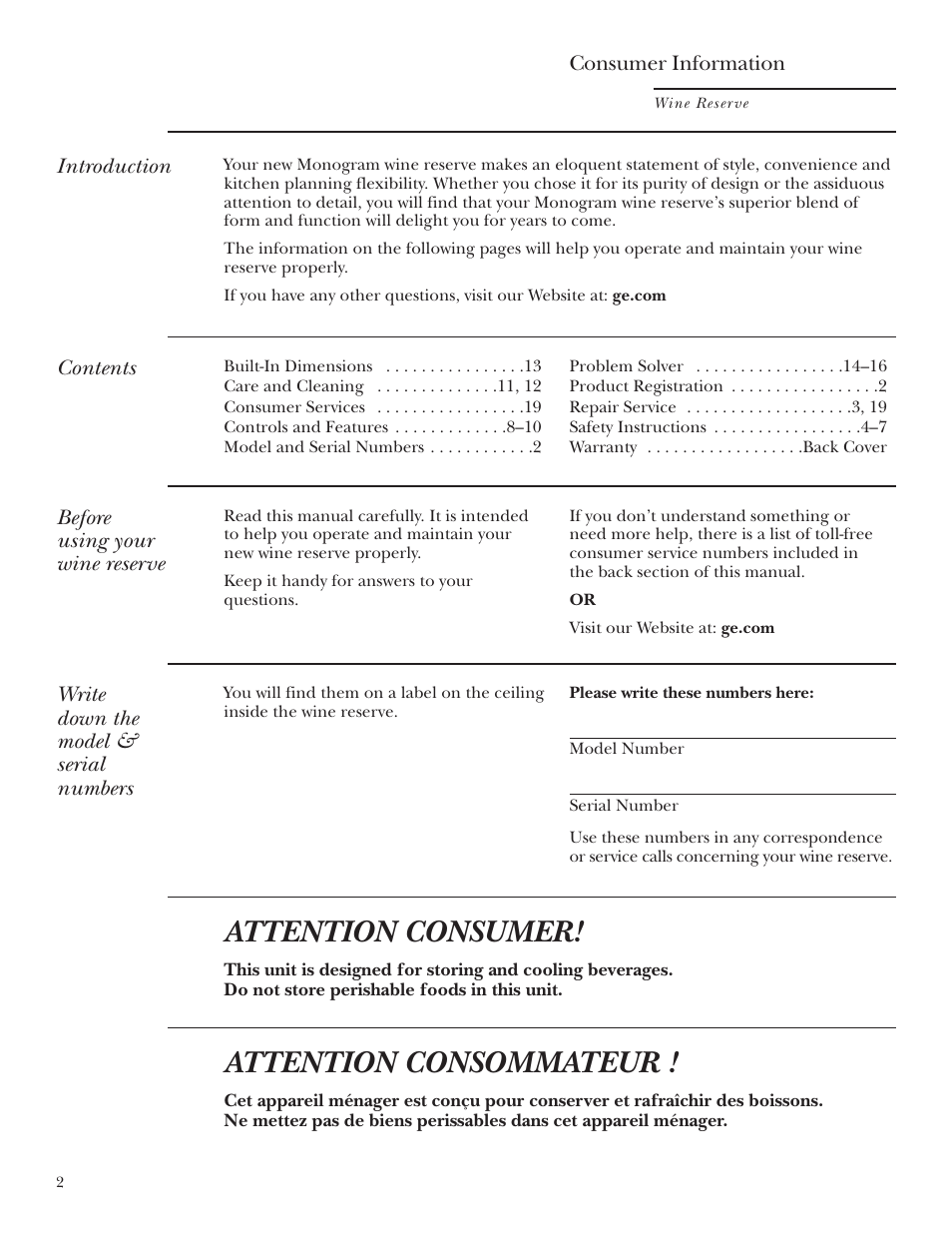 Model and serial numbers, Product registration, Attention consumer | Attention consommateur | GE Monogram ZDWT240 User Manual | Page 2 / 20