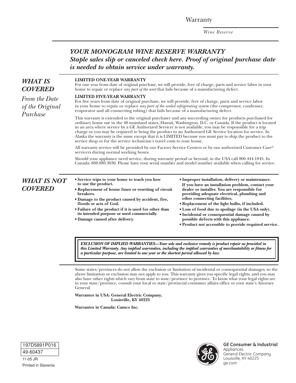 Warranty, What is not covered | GE Monogram ZDWT240 User Manual | Page 20 / 20