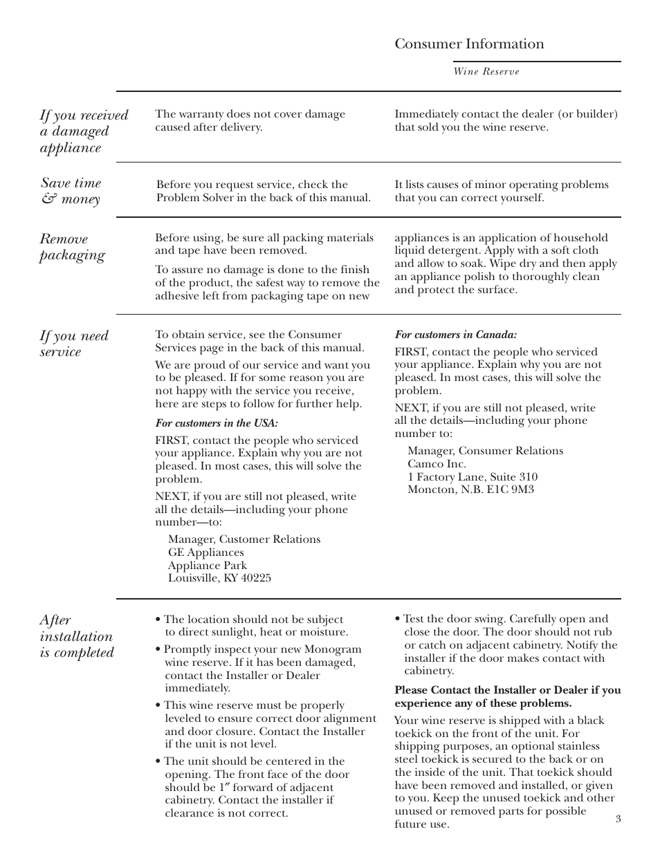 Repair service, Repair service , 19, If you received a damaged appliance | Remove packaging, If you need service, After installation is completed, Save time & money, Consumer information | GE Monogram ZDWT240 User Manual | Page 3 / 20