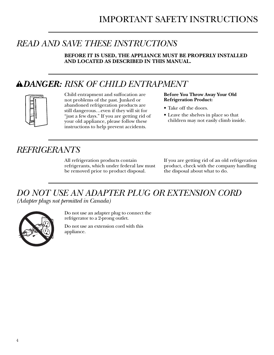 Safety instructions, Safety instructions –7, Danger: risk of child entrapment | Refrigerants, Do not use an adapter plug or extension cord | GE Monogram ZDWT240 User Manual | Page 4 / 20