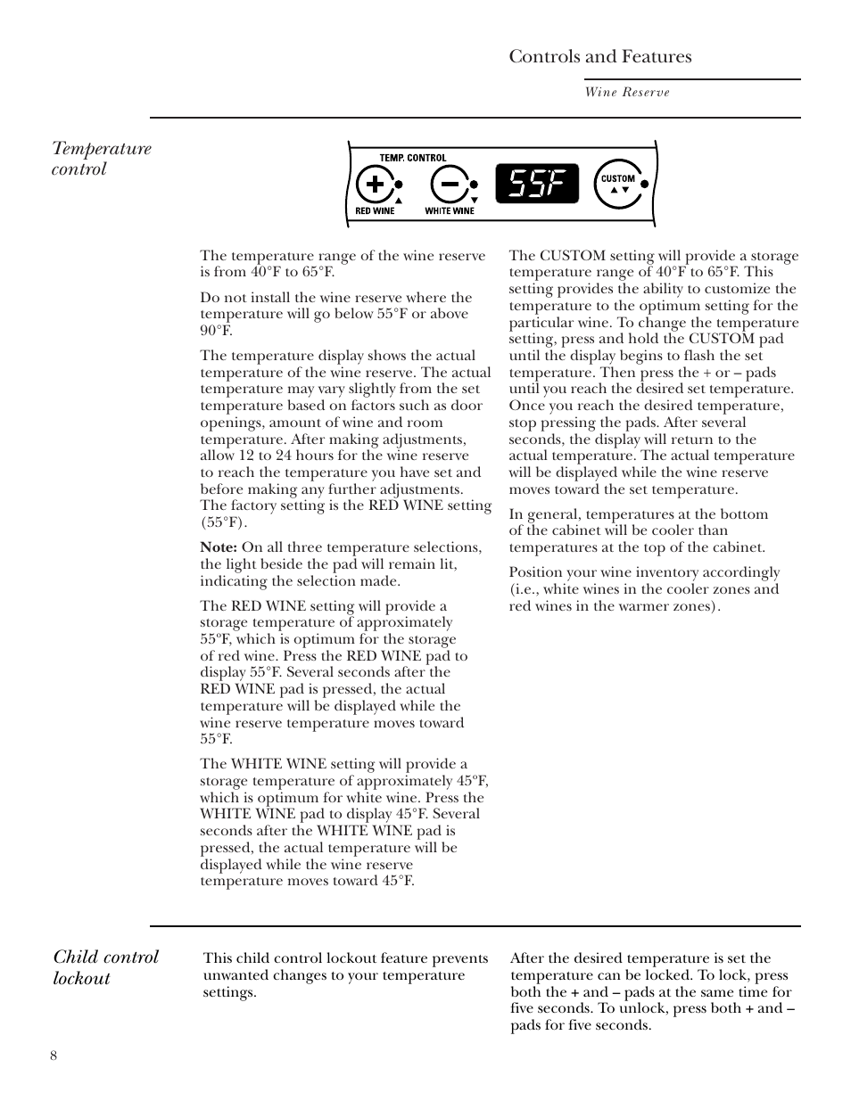 Controls and features, Controls and features –10, Temperature control | Child control lockout | GE Monogram ZDWT240 User Manual | Page 8 / 20