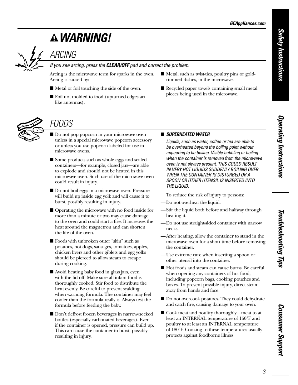 Warning, Arcing, Foods | GE Monogram JES1142SJ User Manual | Page 3 / 24