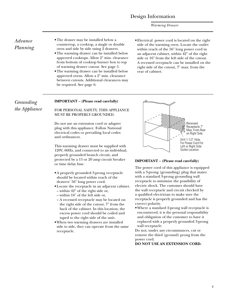 Advance planning, Grounding the appliance, Advance planning grounding the appliance | Design information | GE Monogram ZKD910 User Manual | Page 4 / 8