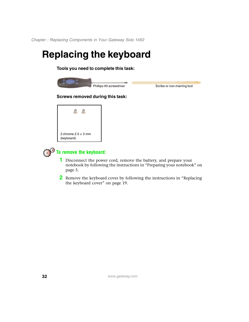 Replacing the keyboard | Gateway 1450 User Manual | Page 37 / 73