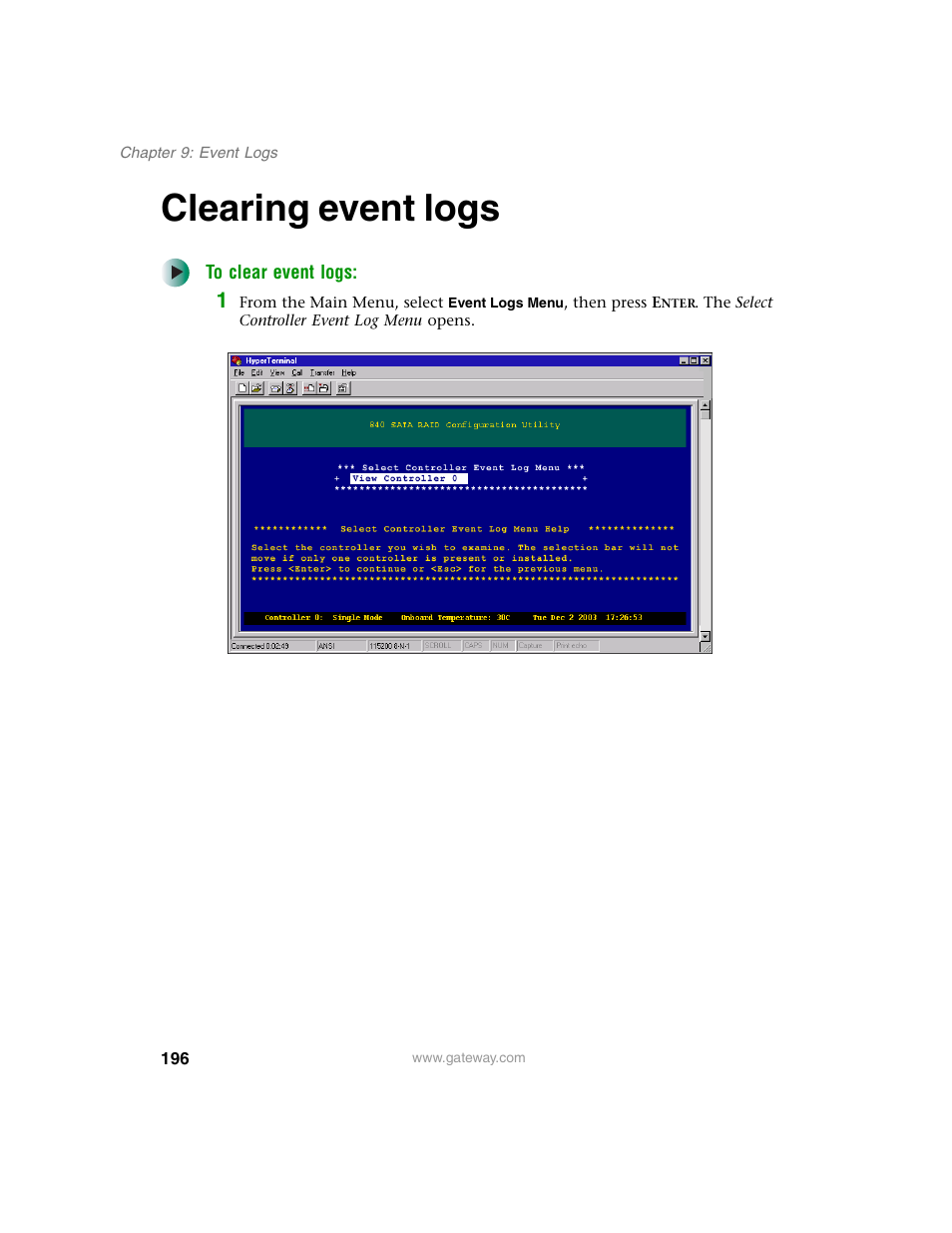 Clearing event logs | Gateway 840 VT-100 User Manual | Page 201 / 250