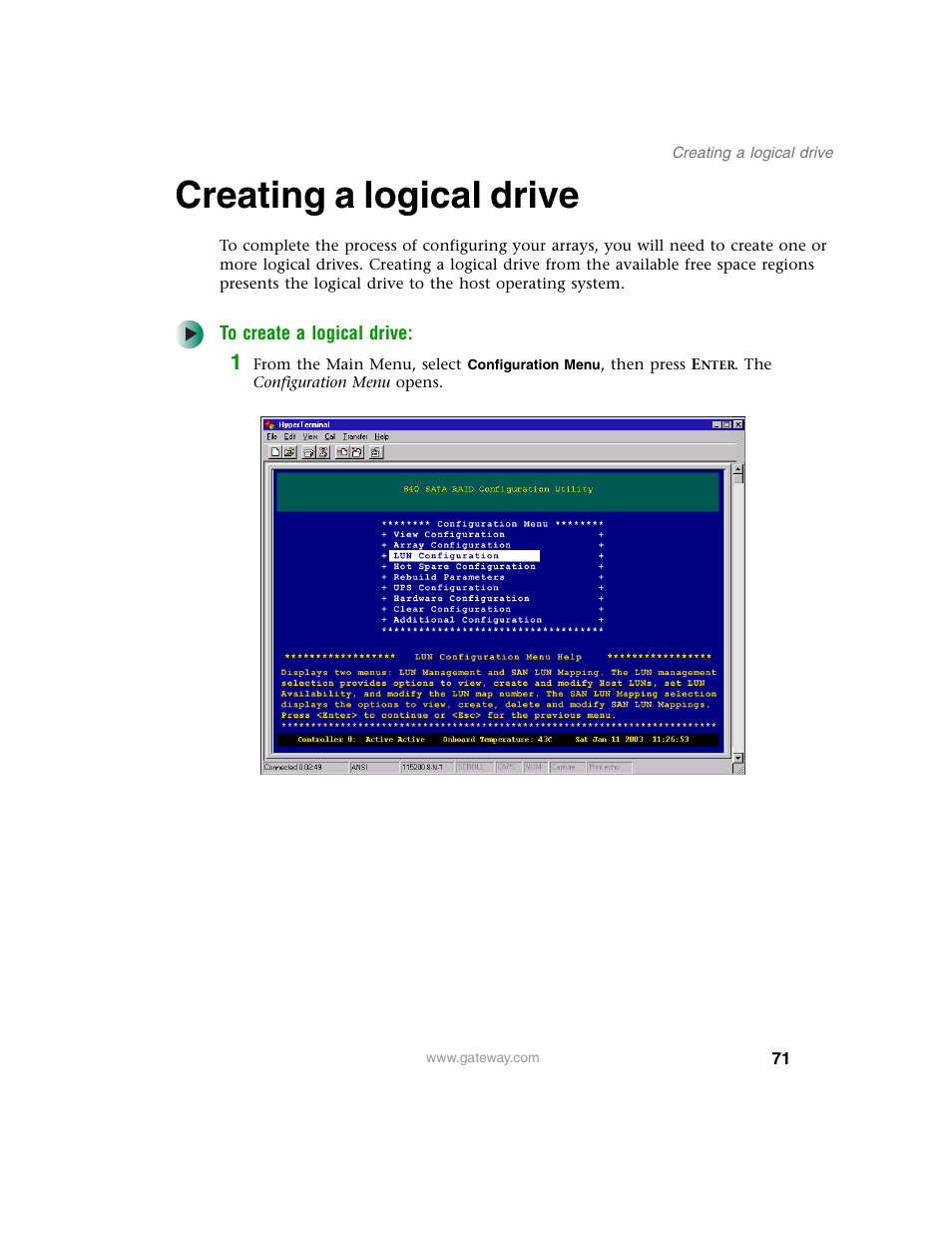 Creating a logical drive | Gateway 840 VT-100 User Manual | Page 76 / 250