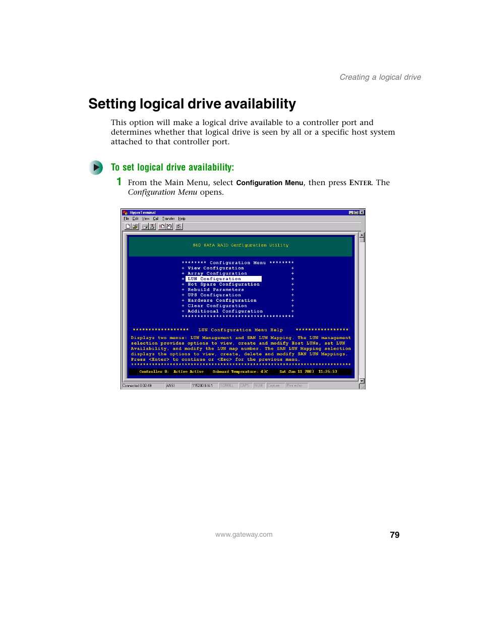Setting logical drive availability | Gateway 840 VT-100 User Manual | Page 84 / 250