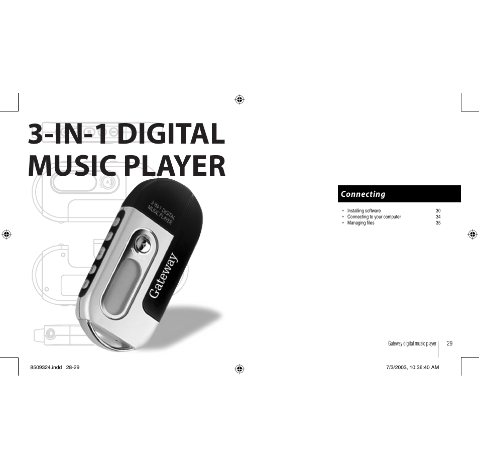 In-1 digital music player, Connecting | Gateway 3-IN-1 Digital Music Player User Manual | Page 15 / 29