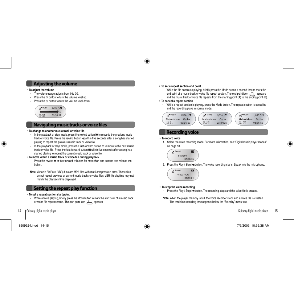 Recording voice, Adjusting the volume | Gateway 3-IN-1 Digital Music Player User Manual | Page 8 / 29