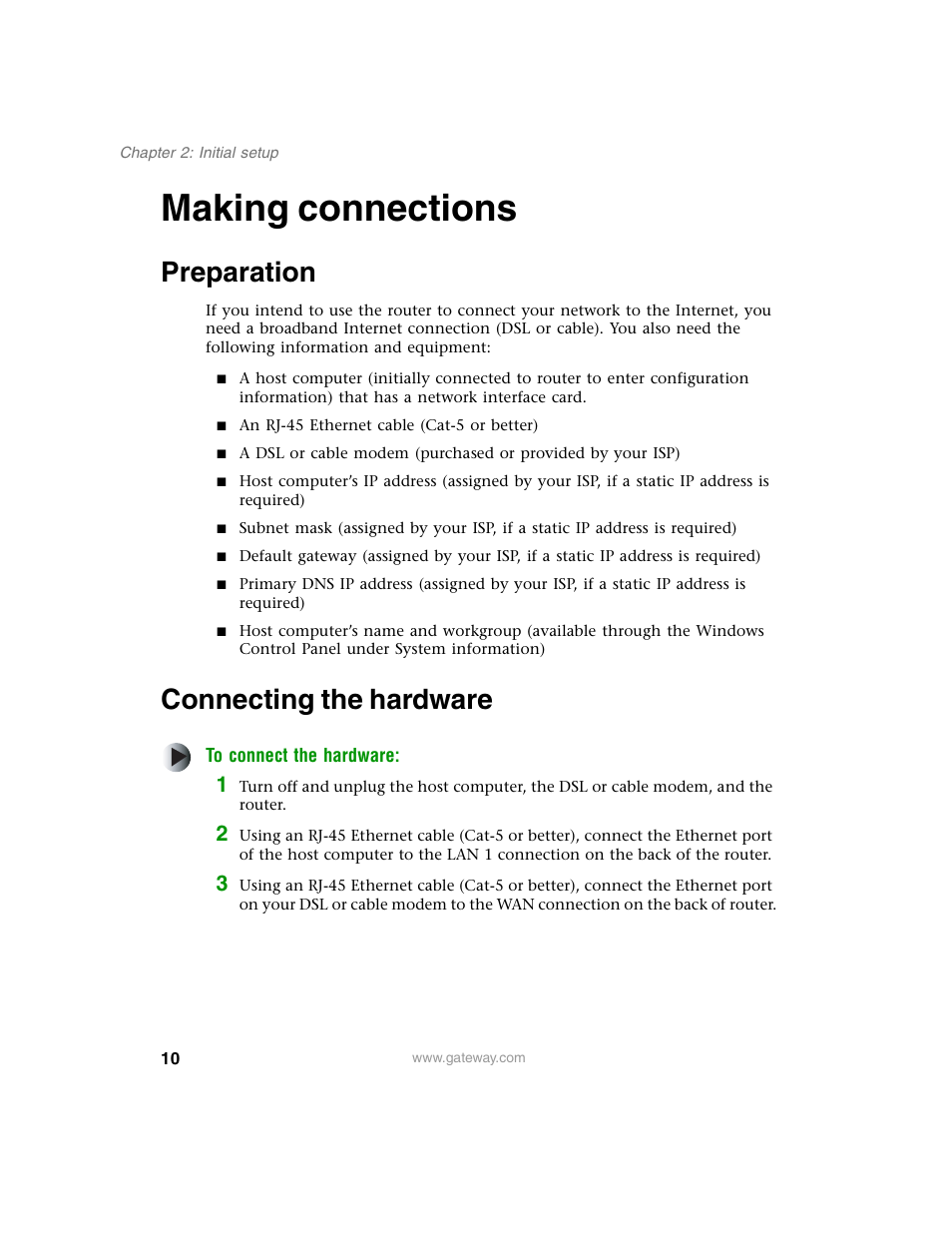 Making connections, Preparation, Connecting the hardware | Preparation connecting the hardware | Gateway WBR-100 User Manual | Page 13 / 90