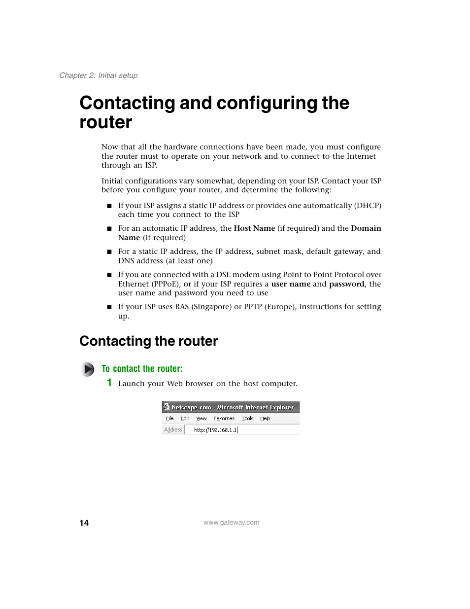 Contacting and configuring the router, Contacting the router | Gateway WBR-100 User Manual | Page 17 / 90