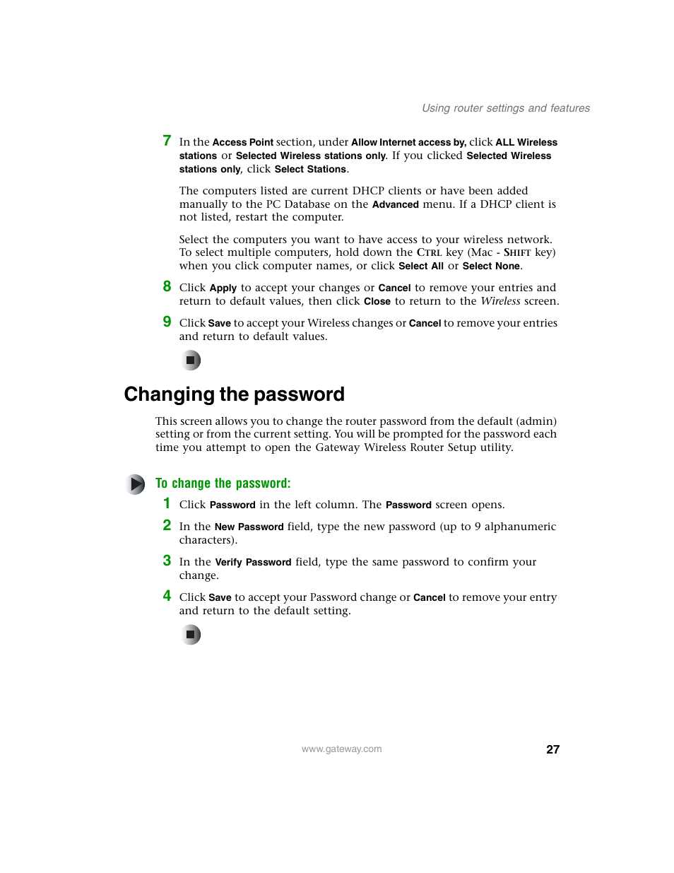 Changing the password | Gateway WBR-100 User Manual | Page 30 / 90