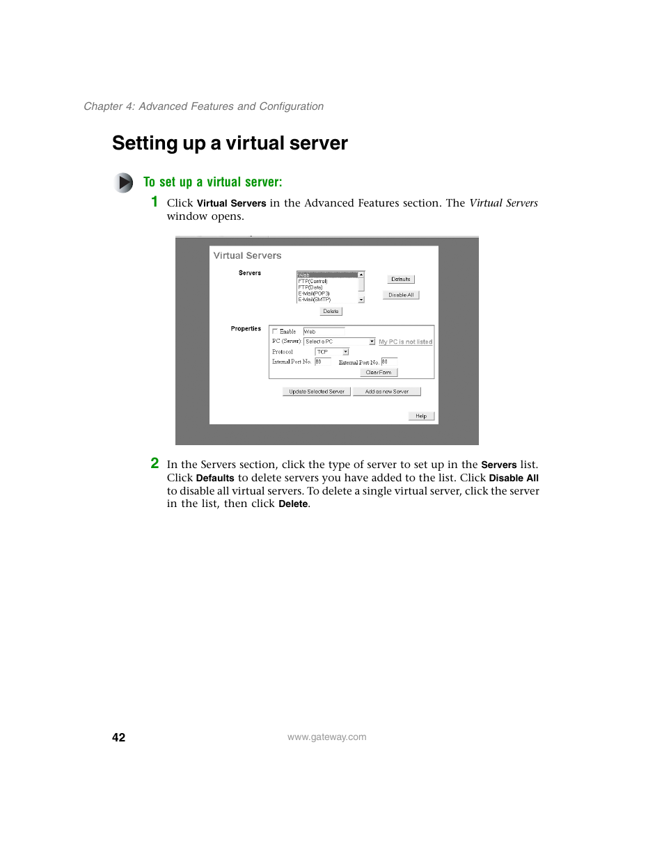 Setting up a virtual server | Gateway WBR-100 User Manual | Page 45 / 90