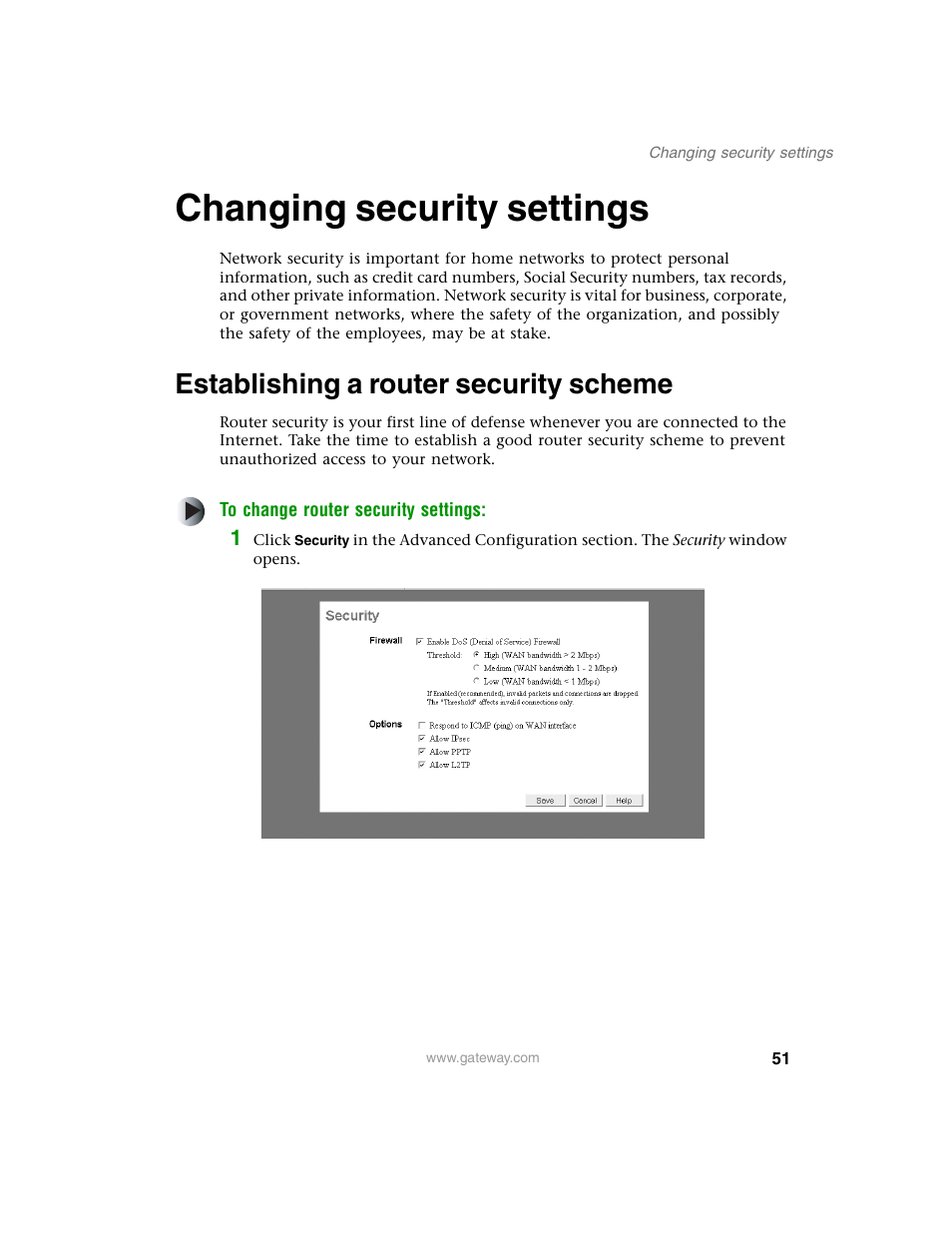 Changing security settings, Establishing a router security scheme | Gateway WBR-100 User Manual | Page 54 / 90
