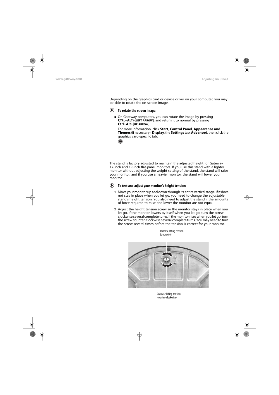 Rotating the screen image, To rotate the screen image, Adjusting monitor height tension | To test and adjust your monitor’s height tension | Gateway FPD1985 User Manual | Page 9 / 34