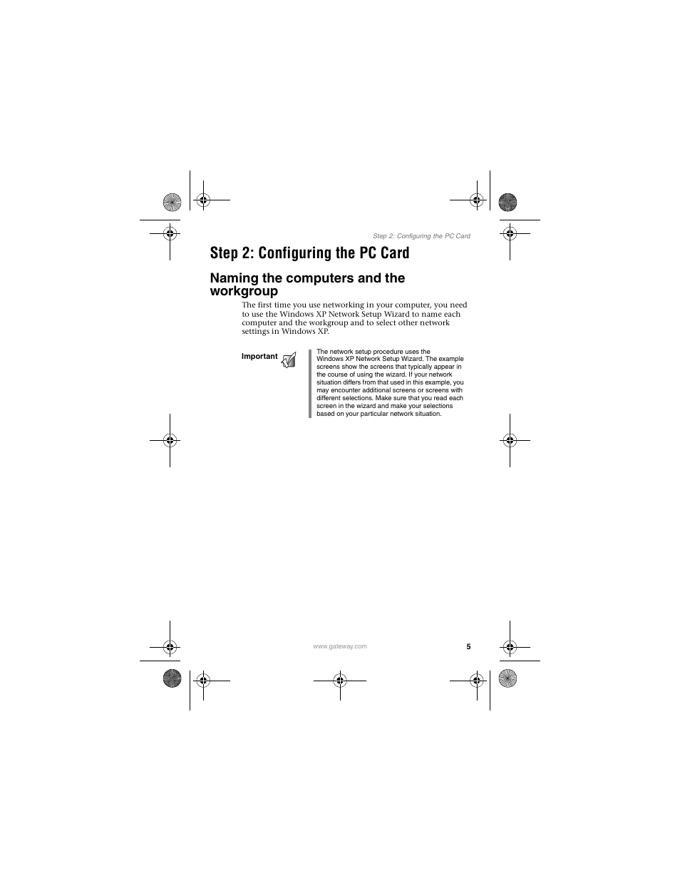 Step 2: configuring the pccard, Naming the computers and the workgroup, Step 2: configuring the pc card | Gateway LWGC-220 User Manual | Page 9 / 48
