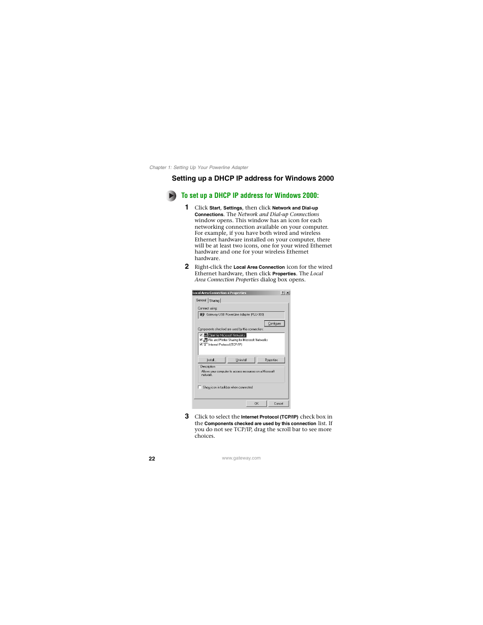 Setting up a dhcp ip address for windows2000 | Gateway PLU-300 User Manual | Page 26 / 68