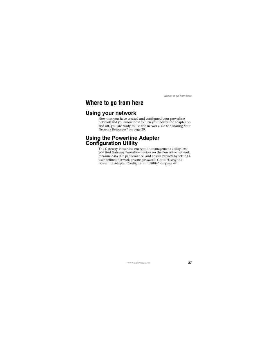 Where to go from here, Using your network, Using the powerline adapter configuration utility | Gateway PLU-300 User Manual | Page 31 / 68