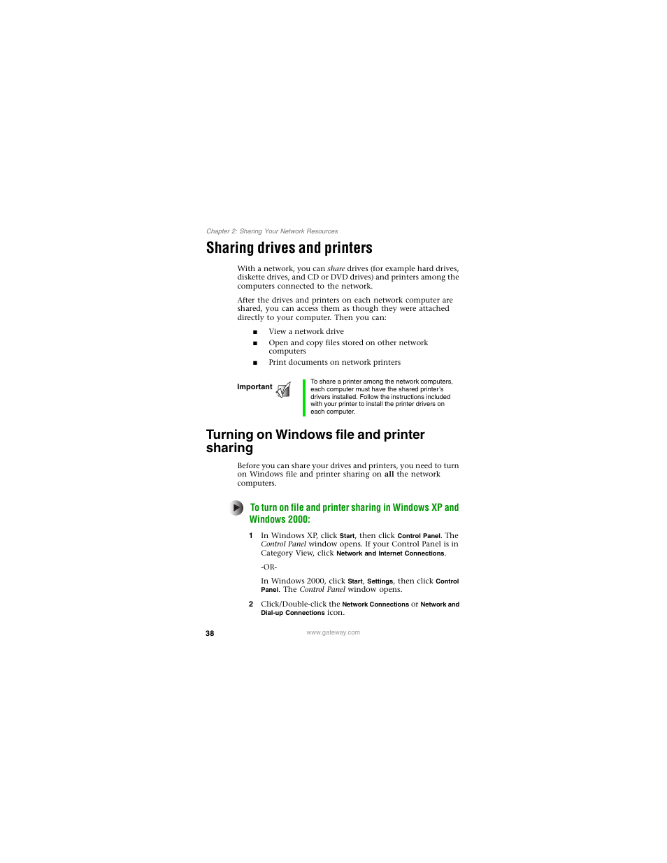 Sharing drives and printers, Turning on windows file and printer sharing | Gateway PLU-300 User Manual | Page 42 / 68